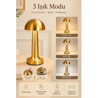 Premium Metal Gövde Gold Renk Mantar Dokunmatik Şarjlı Masa Lambası