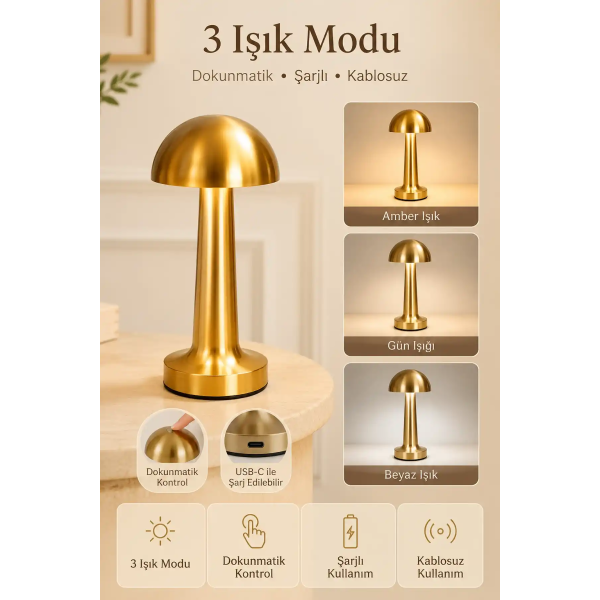 Premium Metal Gövde Gold Renk Mantar Dokunmatik Şarjlı Masa Lambası