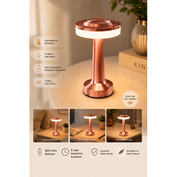Premium Metal Gövde Rose Gold Renk Dokunmatik Şarjlı Masa Lambası