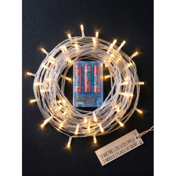 Muer 3 Metre 20 LED'li Pilli Gün Işığı İp / Pirinç LED (2 Modlu)