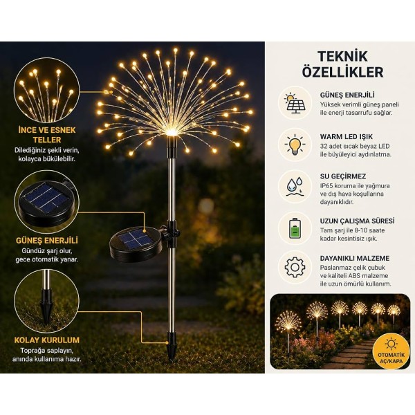 2 ADET Kazıklı Güneş Enerjili Gün Işığı Tel LED Bahçe Aydınlatması 95 cm