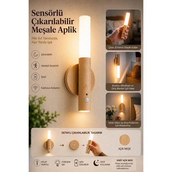 Sensörlü Çıkarılabilir Meşale Aplik - Şarjlı Kablosuz Dekoratif Aydınlatma