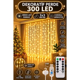 USB'li  3x3 Metre Perde LED - 300 Ledli Kumandalı ve Asma Aparatlı Aydınlatma