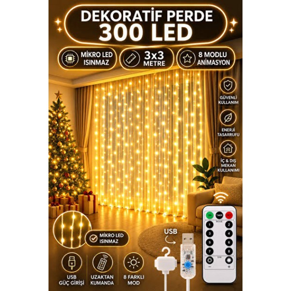 USB'li  3x3 Metre Perde LED - 300 Ledli Kumandalı ve Asma Aparatlı Aydınlatma