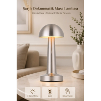 Premium Metal Gövde Gümüş Renk Mantar Dokunmatik Şarjlı Masa Lambası