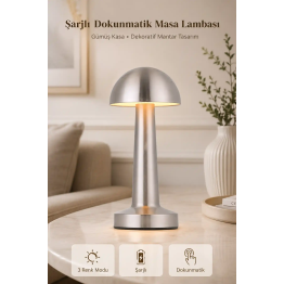 Premium Metal Gövde Gümüş Renk Mantar Dokunmatik Şarjlı Masa Lambası