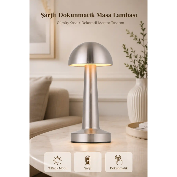 Premium Metal Gövde Gümüş Renk Mantar Dokunmatik Şarjlı Masa Lambası