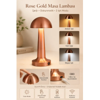 Premium Metal Gövde Rose Gold Renk Mantar Dokunmatik Şarjlı Masa Lambası