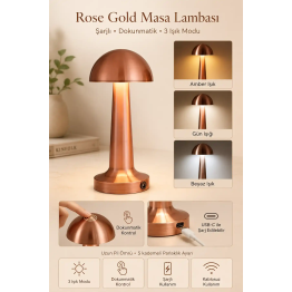 Premium Metal Gövde Rose Gold Renk Mantar Dokunmatik Şarjlı Masa Lambası