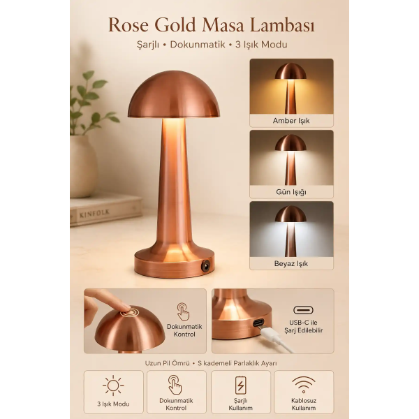 Premium Metal Gövde Rose Gold Renk Mantar Dokunmatik Şarjlı Masa Lambası