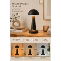 Premium Metal Gövde Siyah Renk Mantar Dokunmatik Şarjlı Masa Lambası